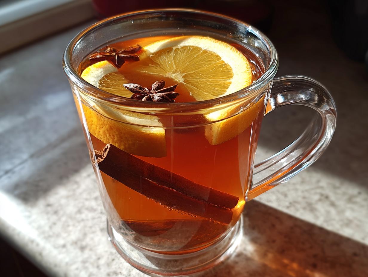 A warm Thanksgiving drink with orange slices, cinnamon stick, and star anise in a glass mug.
