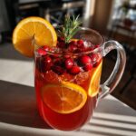 A festive Thanksgiving Drinks Recipe featuring cranberries, orange slices, and a rosemary sprig in a clear glass mug.