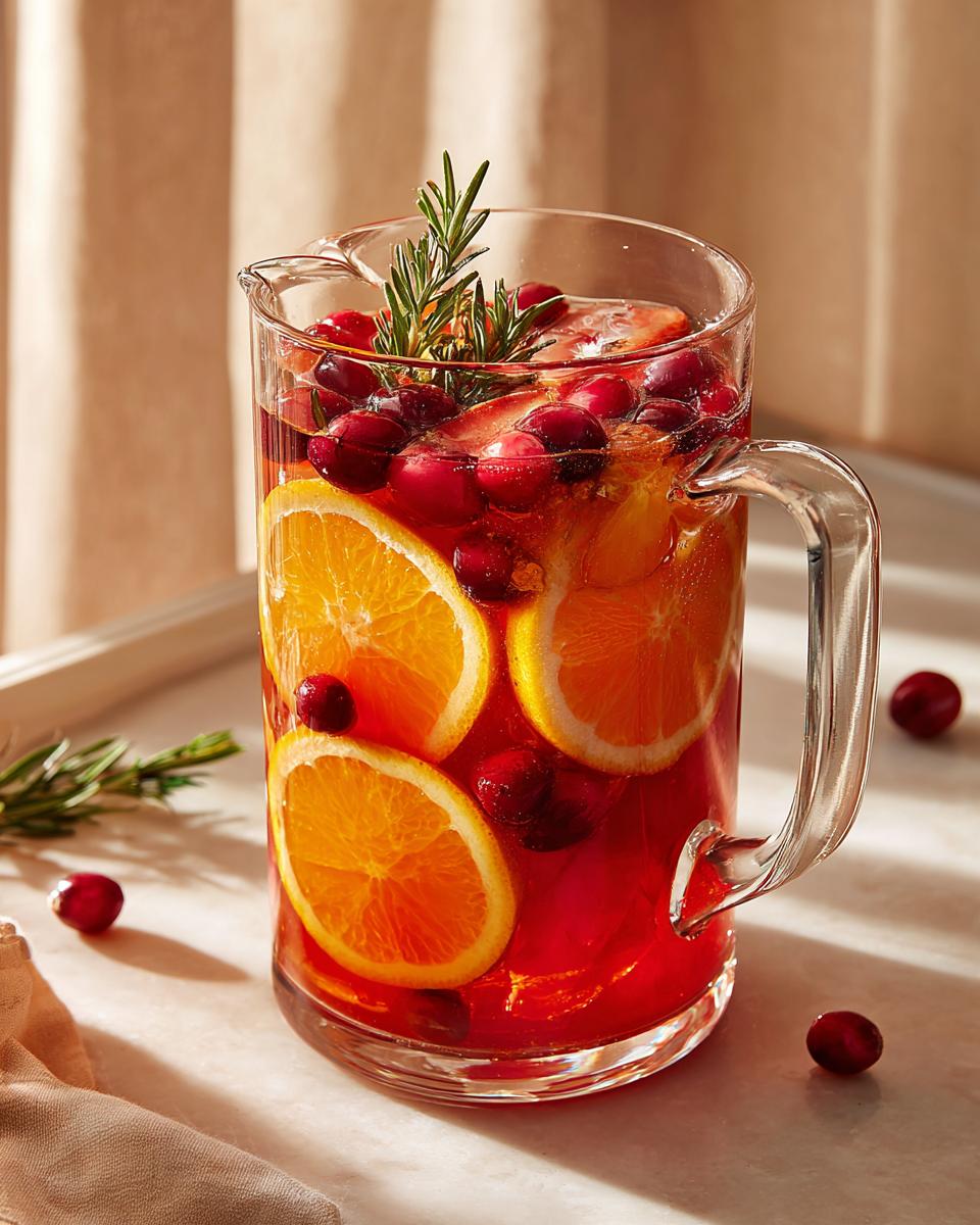 Pitcher of Thanksgiving Drinks Recipe Everyone Asks For, featuring cranberry and orange slices, garnished with rosemary.