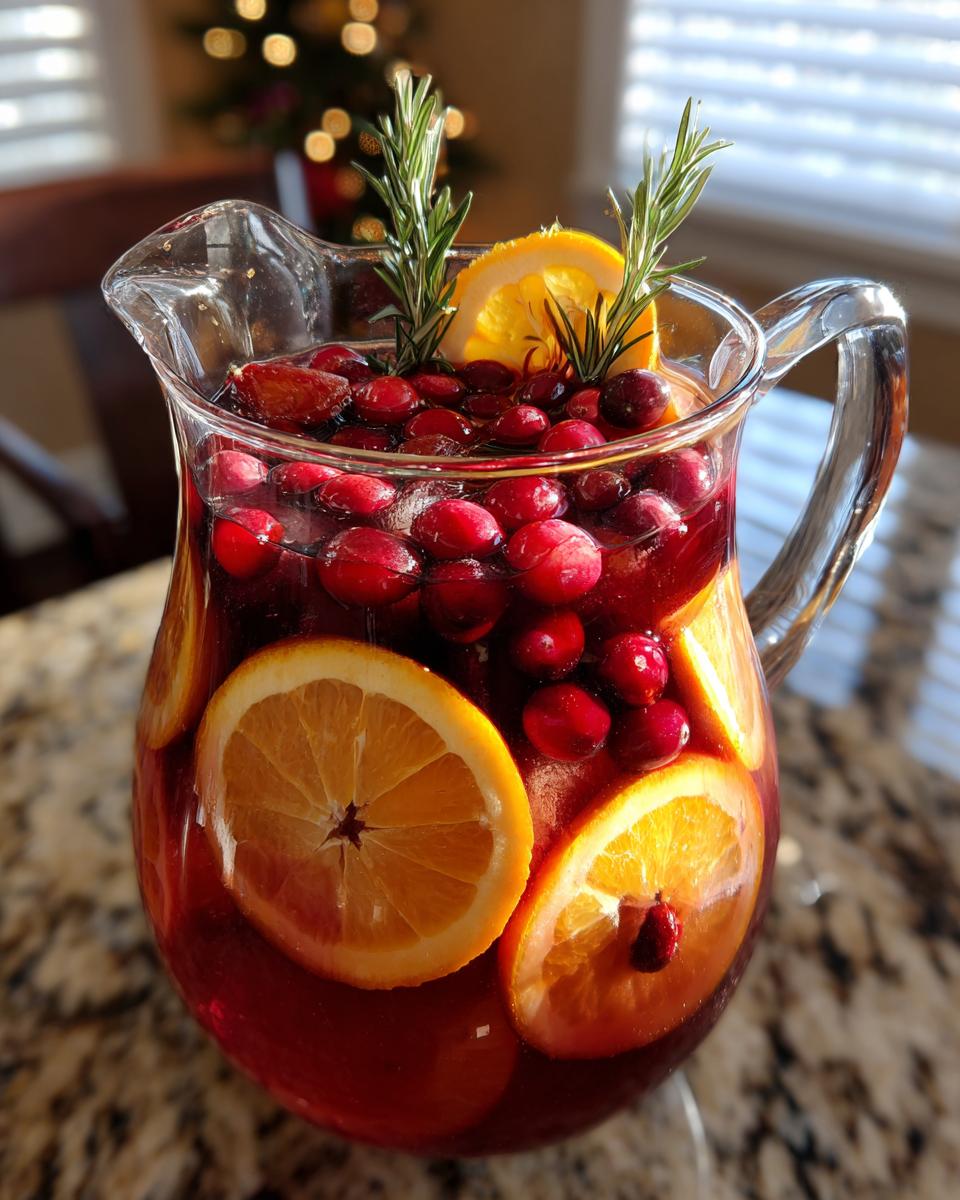 Pitcher of Thanksgiving Drinks Recipe with cranberries, orange slices, and rosemary sprigs.