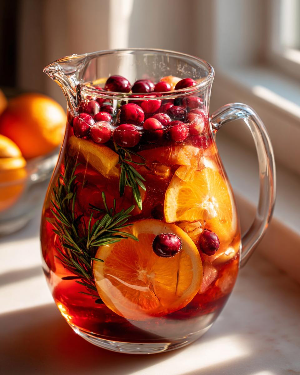 Pitcher of Thanksgiving Drinks Recipe everyone asks for, featuring cranberries, oranges, and rosemary.