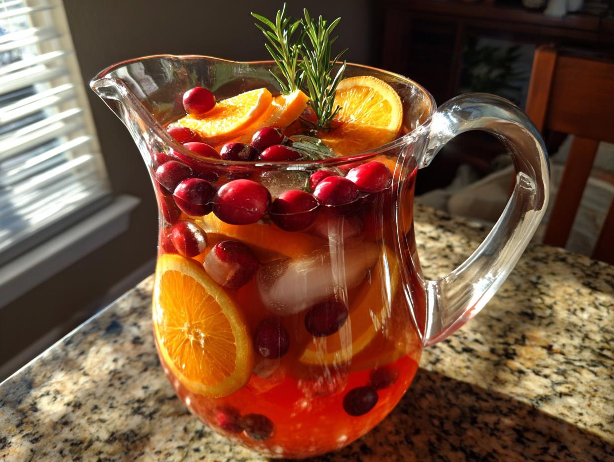 Pitcher of Thanksgiving Drinks Recipe with cranberries, orange slices, rosemary, and ice.