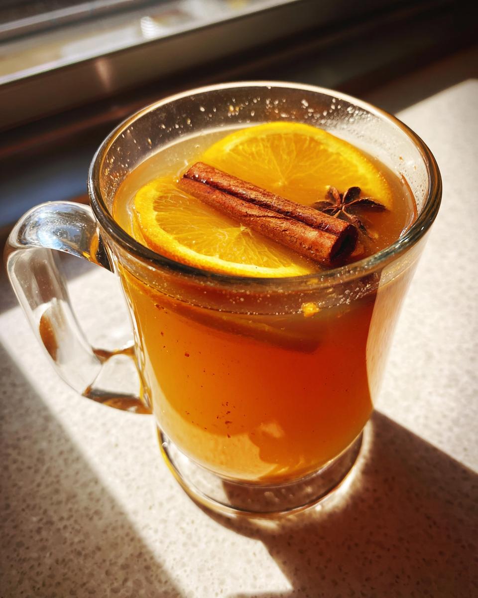 A mug of spiced orange cider, one of the Thanksgiving Drinks for Busy Weeknights, garnished with orange slices and cinnamon.