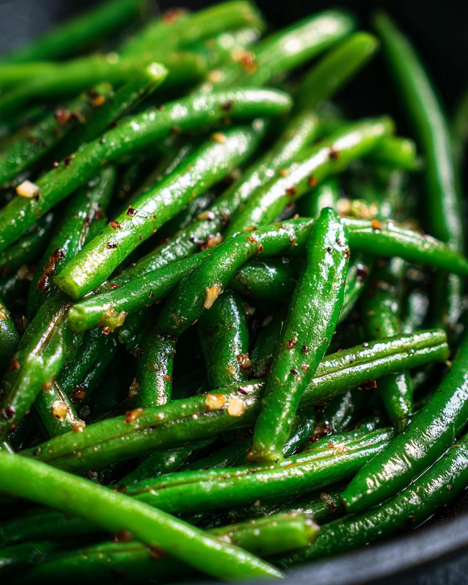 Close-up of vibrant Thanksgiving Green Beans in 20 Minutes, seasoned and ready to serve.