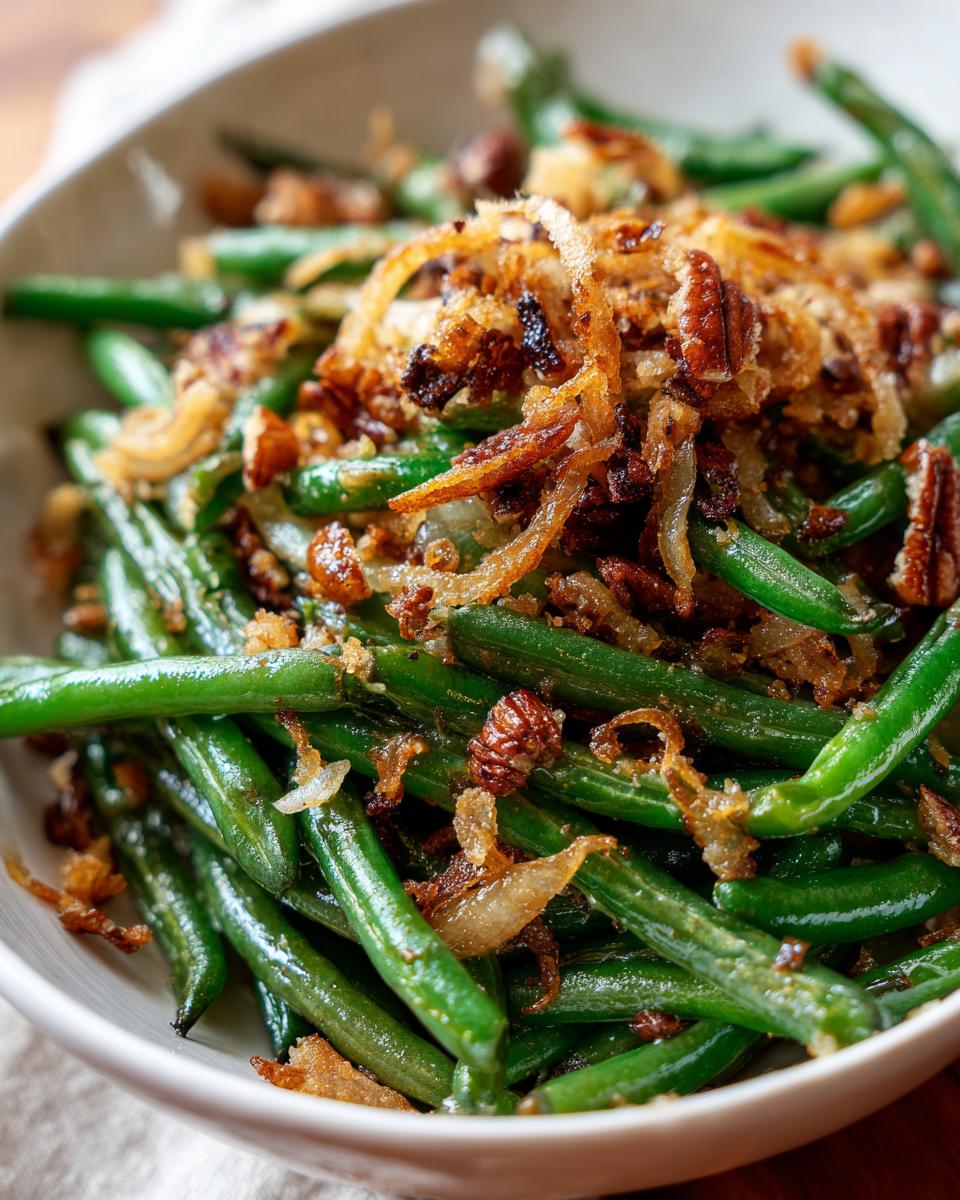 A bowl of 5-Ingredient Thanksgiving Green Beans topped with crispy fried onions and pecans.