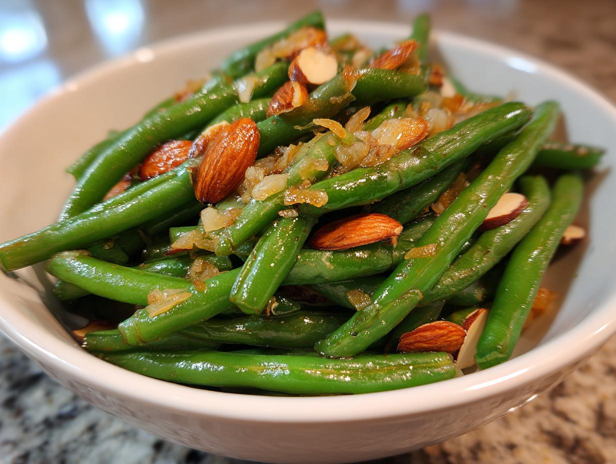 Close-up of Thanksgiving green beans in a bowl, topped with toasted almonds and caramelized onions.