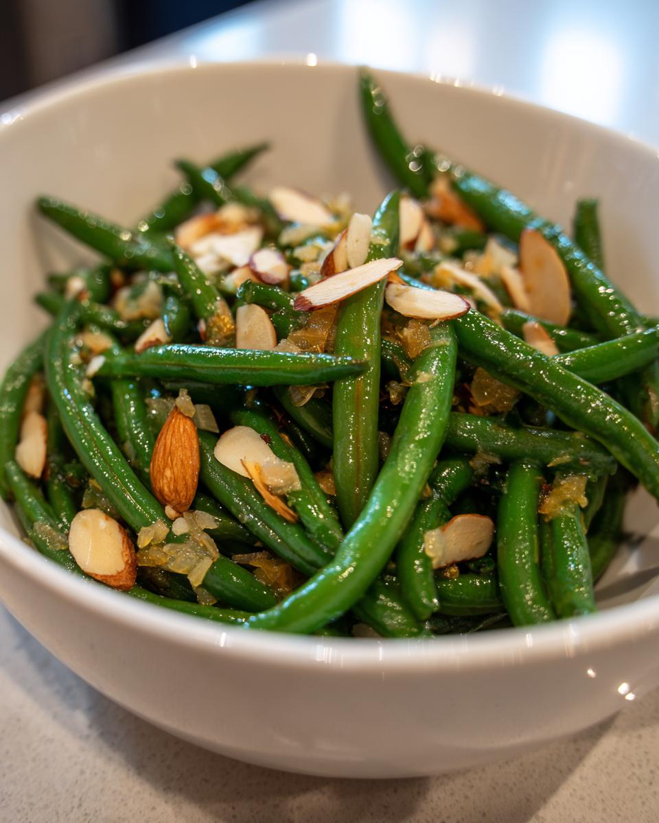 A bowl of What Makes Perfect Thanksgiving Green Beans? Try This recipe, topped with toasted almonds.