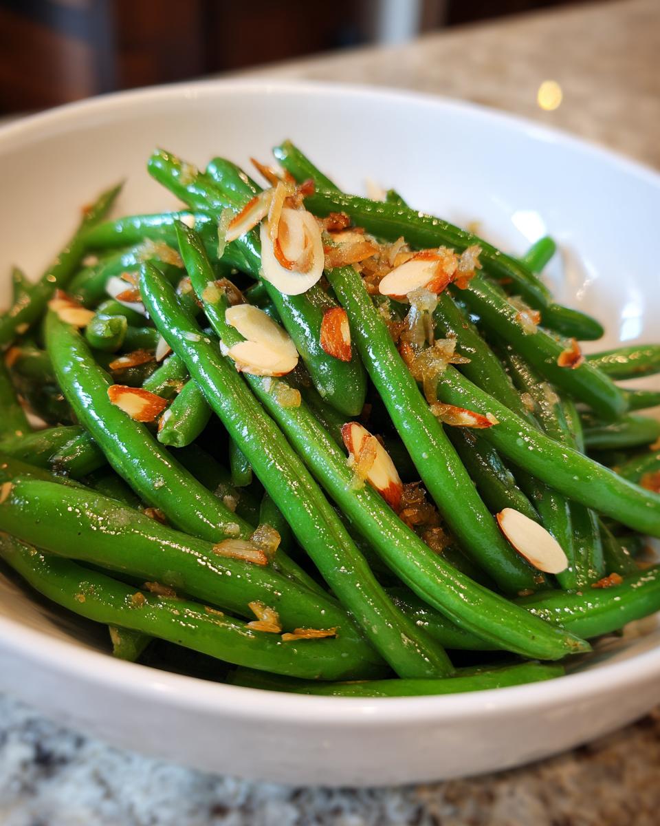 A bowl of Thanksgiving green beans topped with toasted almonds and caramelized onions.