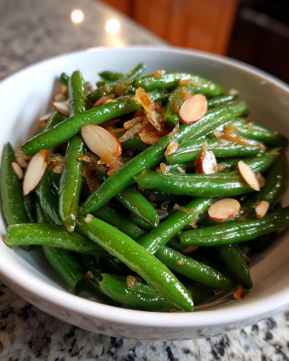 A bowl of Thanksgiving Green Beans, sauteed with almonds and caramelized onions, ready to serve.
