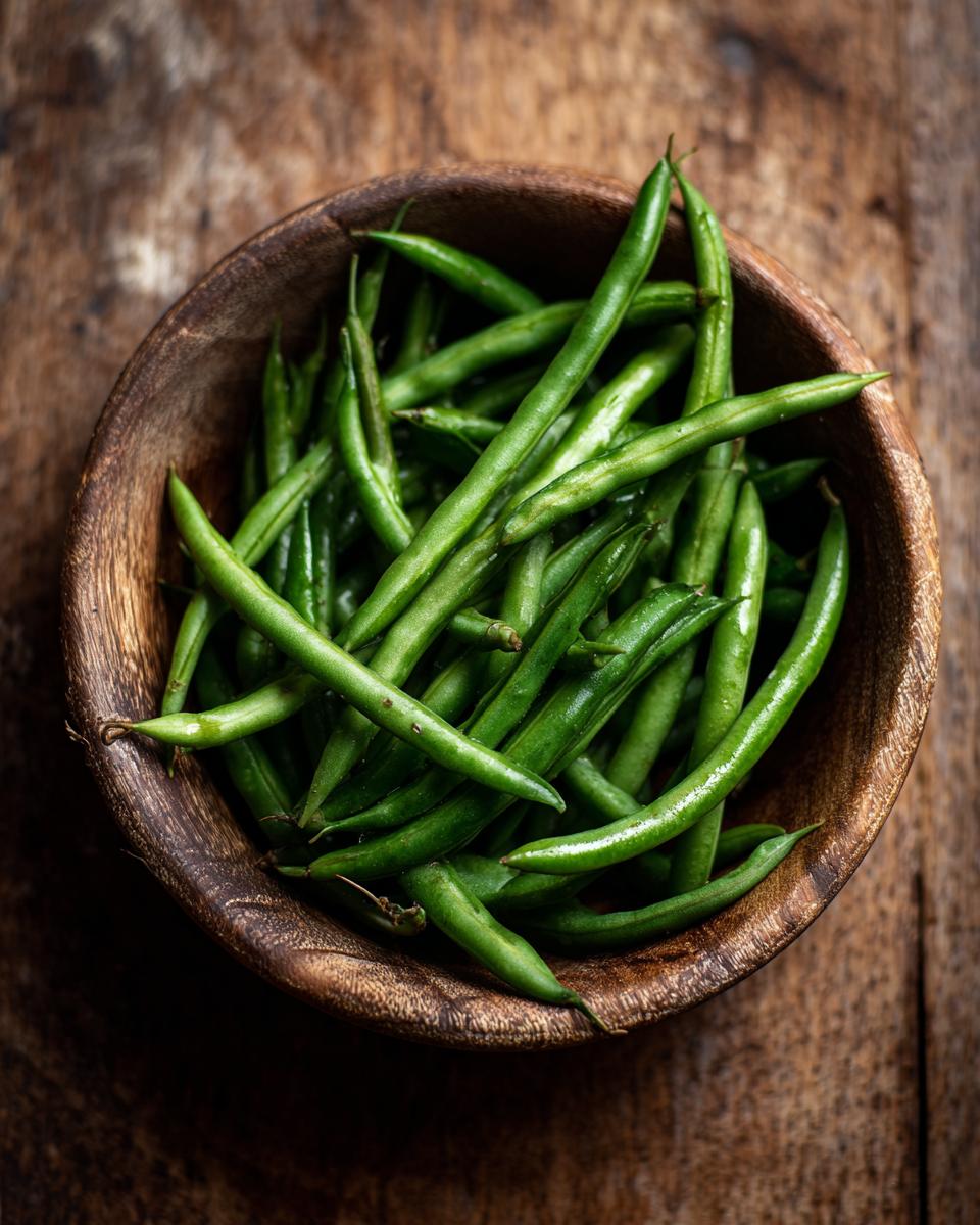 Overhead shot of fresh Thanksgiving Green Beans in a rustic wooden bowl on a wood surface.