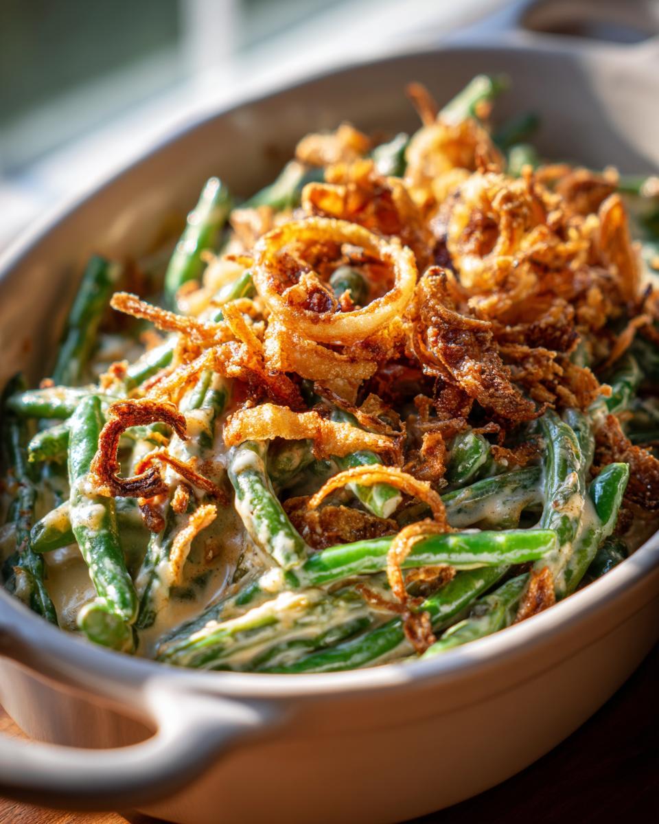 Close-up of Thanksgiving Green Beans casserole topped with crispy fried onions in a serving dish.