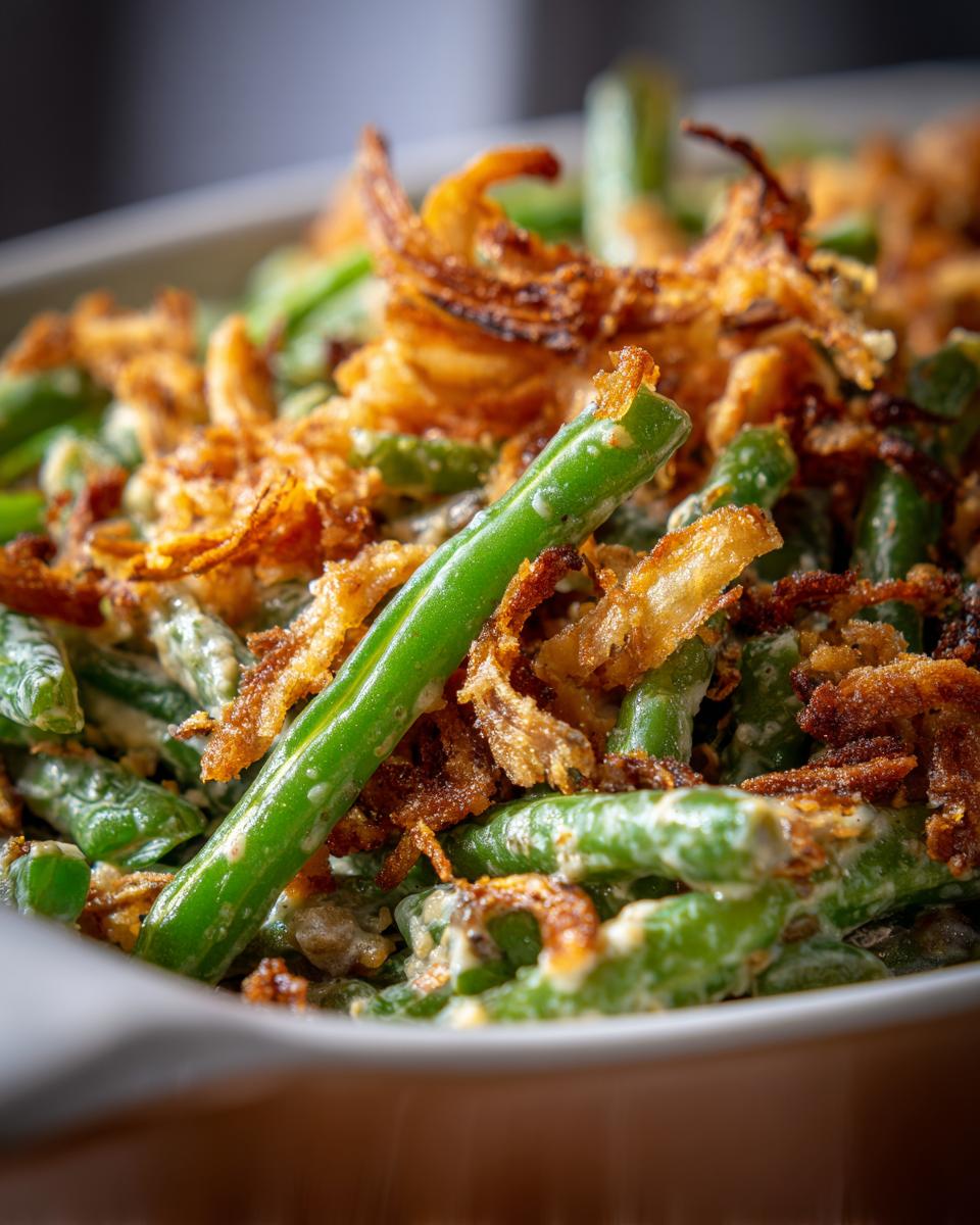 Close-up of Thanksgiving green beans topped with crispy fried onions in a white casserole dish.