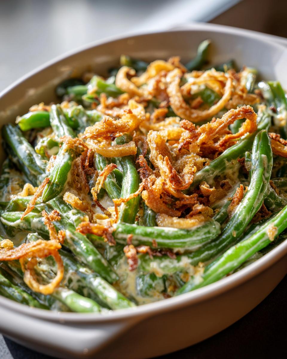 Close-up of Thanksgiving Green Beans casserole topped with crispy fried onions in a white dish.