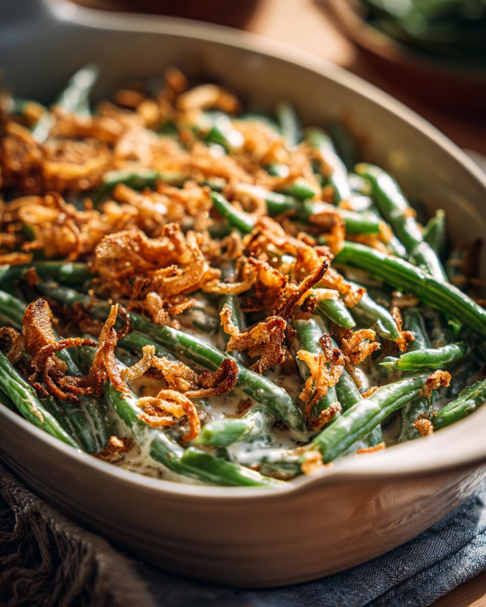 Close up of Thanksgiving green beans casserole topped with crispy fried onions in a baking dish.