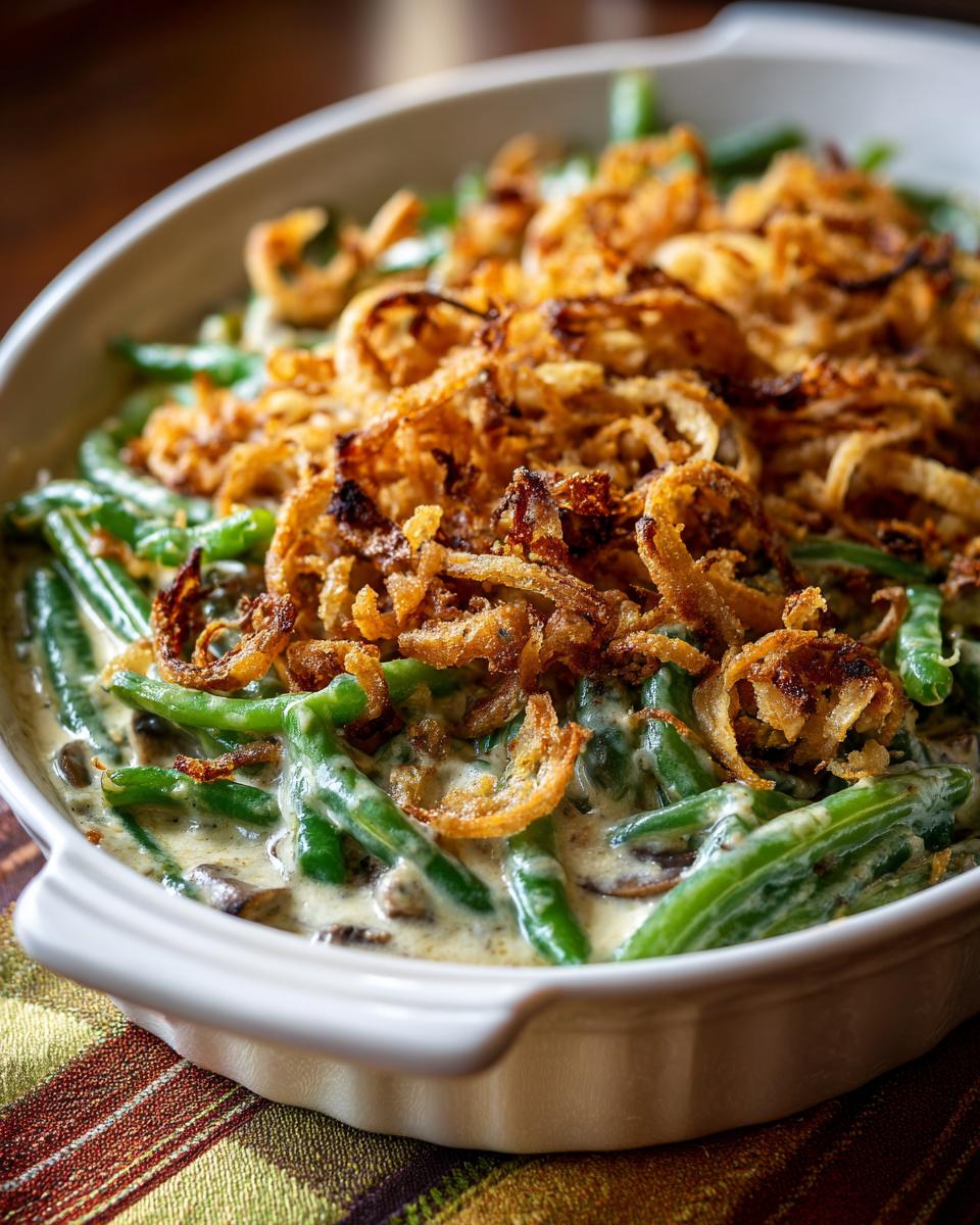 Classic Thanksgiving Green Beans Recipe Everyone Asks For, topped with crispy fried onions in a white casserole dish.