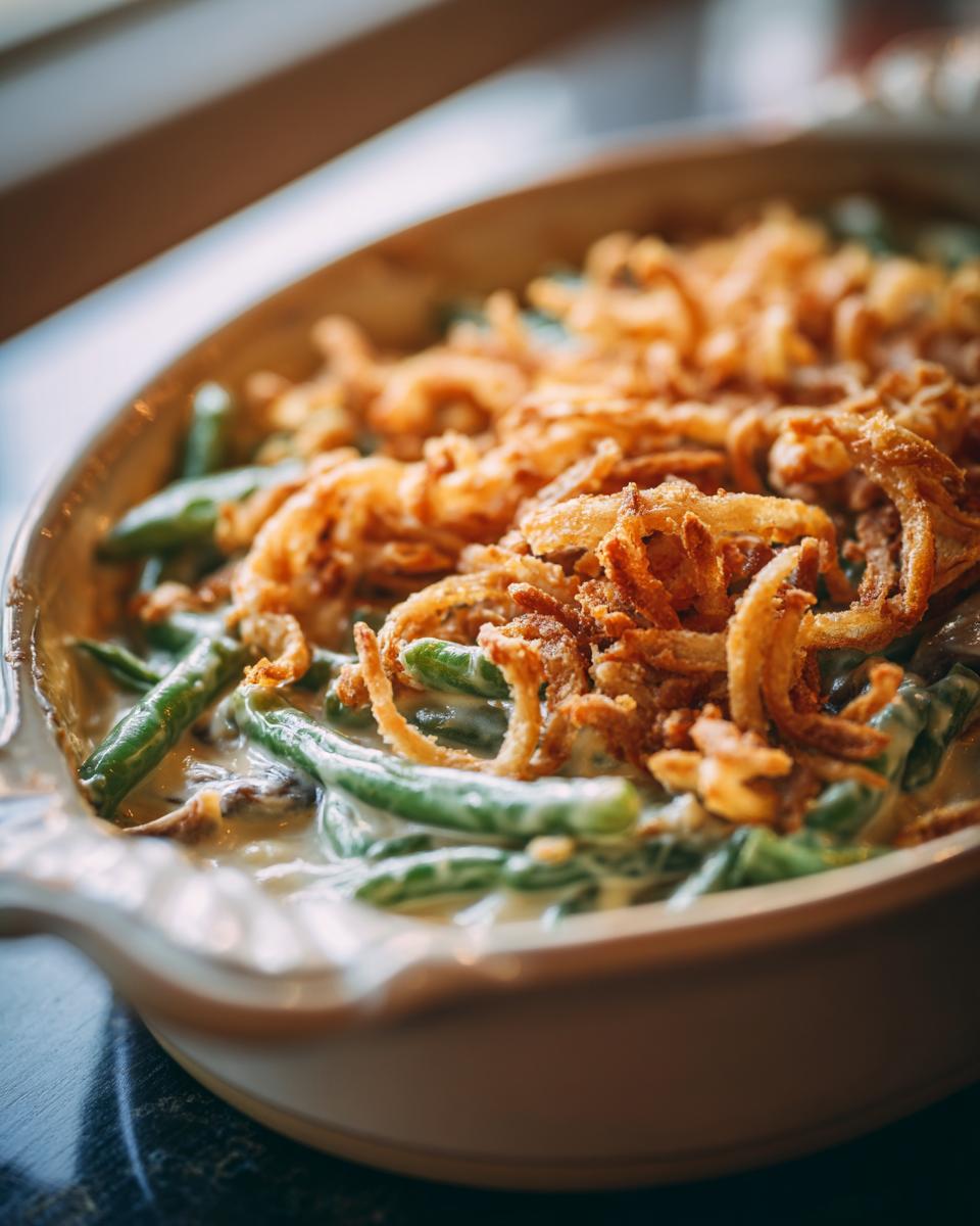 Close-up of Thanksgiving Green Beans Recipe topped with crispy fried onions in a casserole dish.