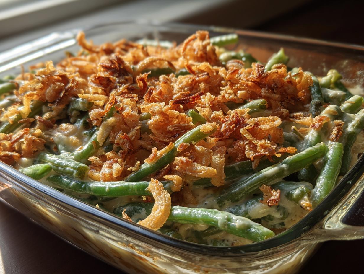 A casserole dish of Thanksgiving green beans topped with crispy fried onions, ready to serve.