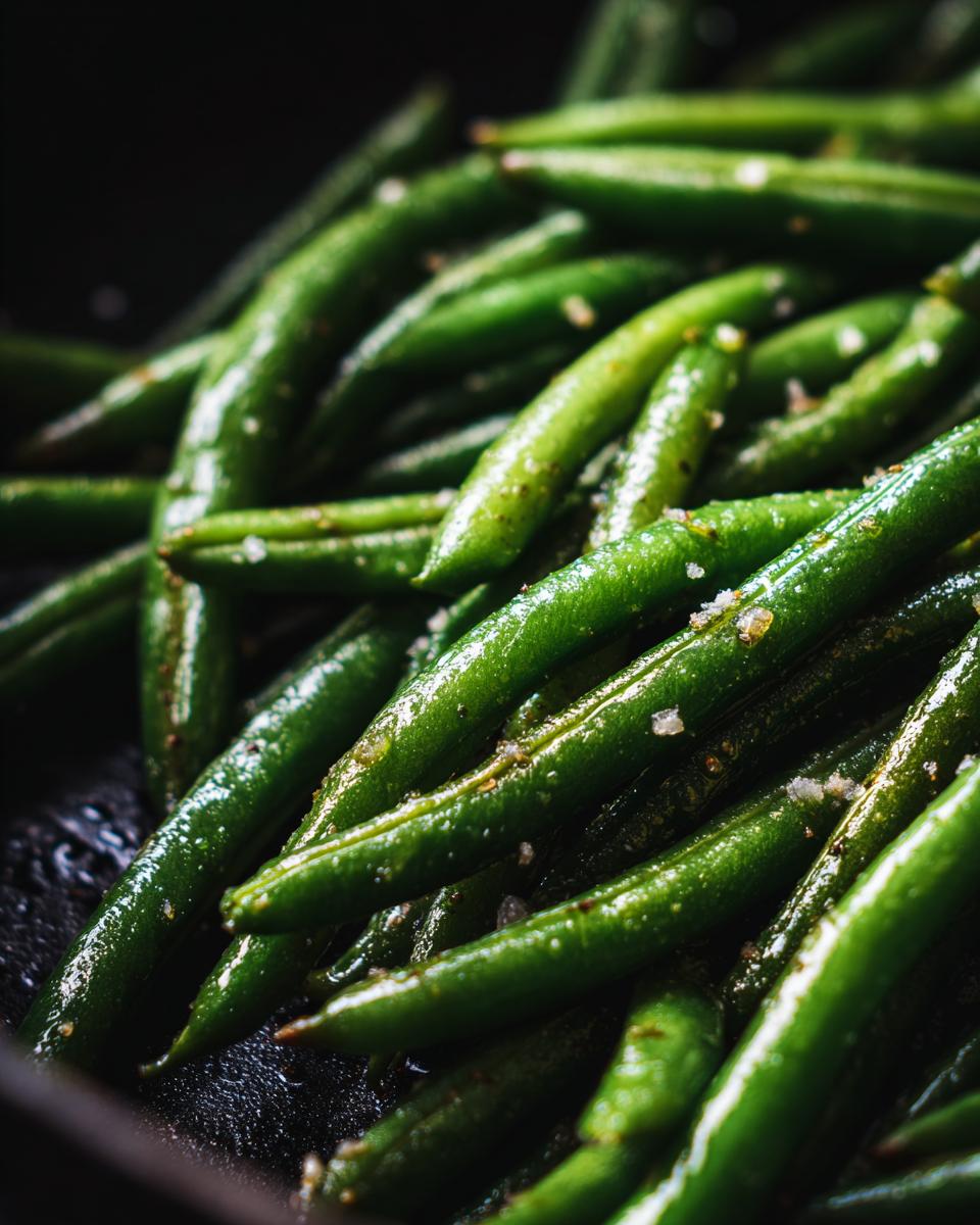 Close-up of bright green Thanksgiving Green Beans with seasonings, ready to be served.