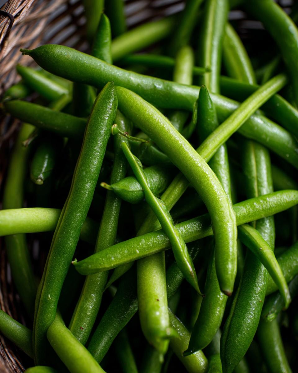Close-up of fresh, vibrant green beans for Thanksgiving Green Beans recipe.