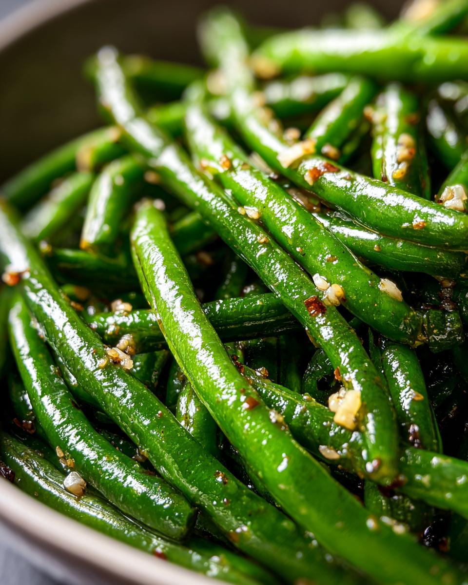 Close-up of glistening Thanksgiving Green Beans, tossed with garlic and seasonings in a serving bowl.