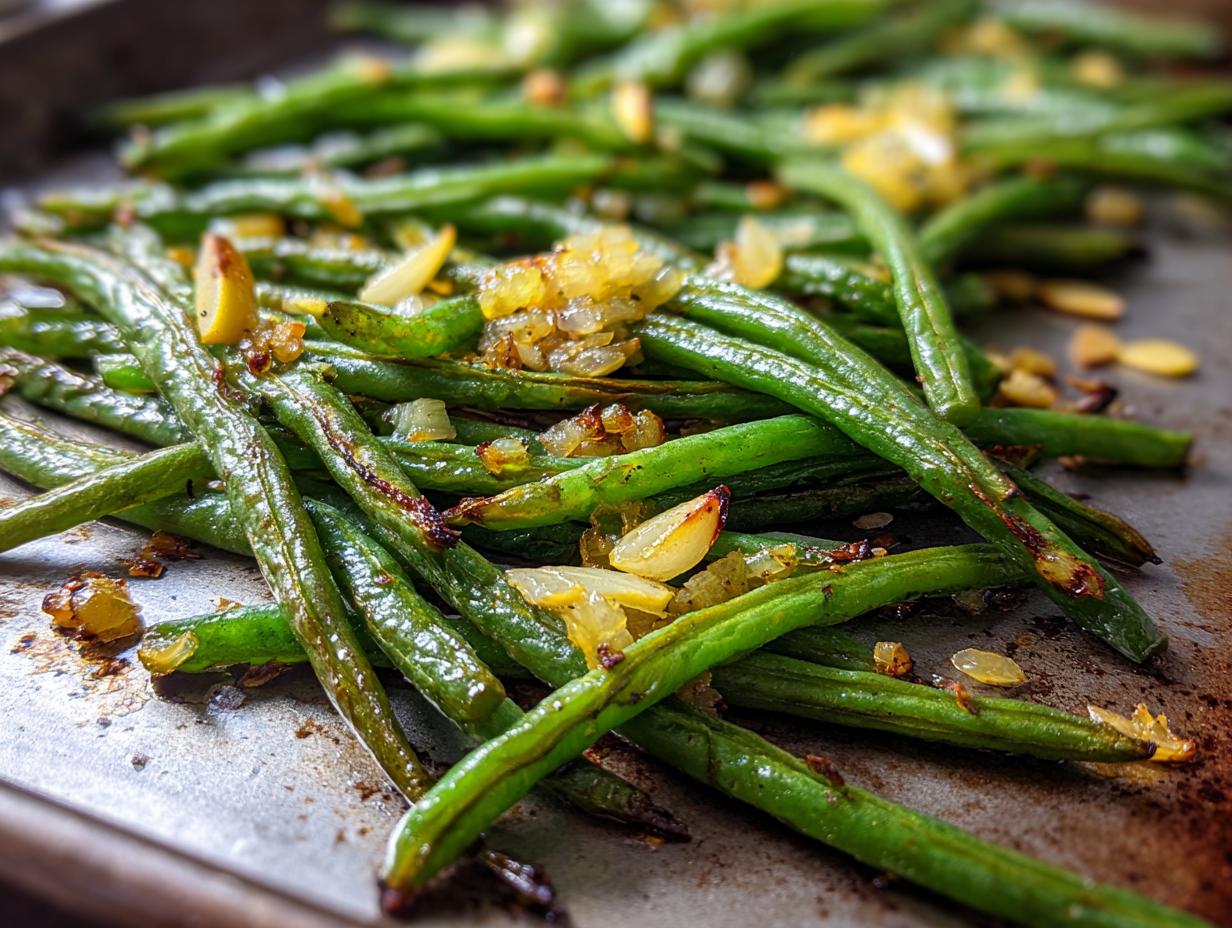 Close-up of roasted Thanksgiving Green Beans with garlic on a baking sheet, ready to serve.