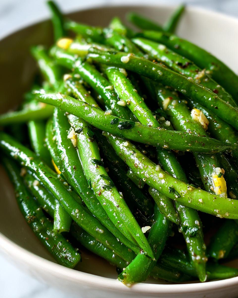 Close-up of Thanksgiving Green Beans, sautéed and seasoned with garlic and herbs in a bowl.