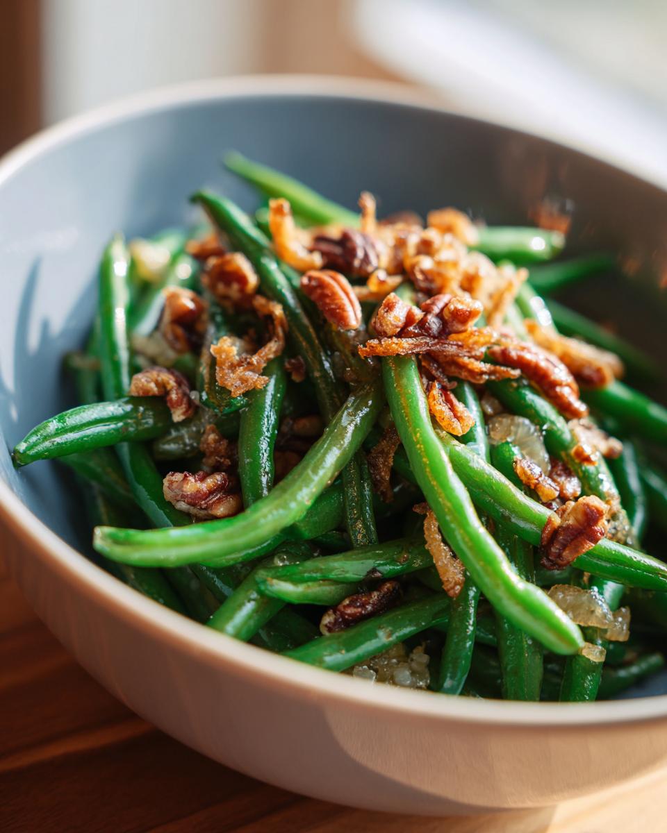 Bowl of 5-Ingredient Thanksgiving Green Beans topped with pecans and crispy fried onions.