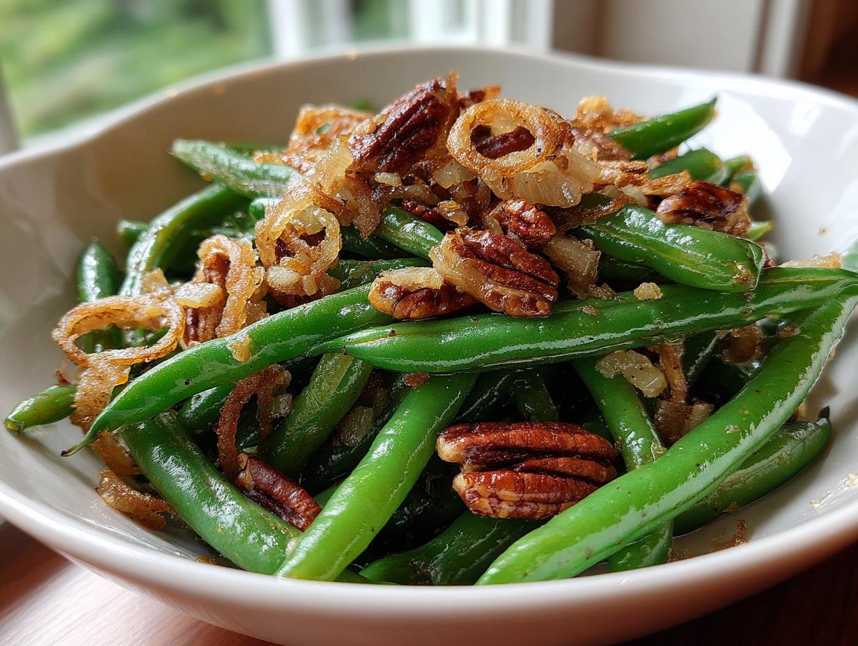A bowl of 5-Ingredient Thanksgiving Green Beans topped with pecans and fried onions.