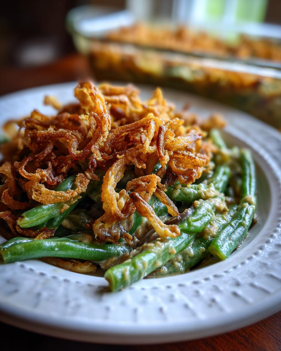 A serving of Thanksgiving Green Beans Recipe topped with crispy fried onions on a white plate.