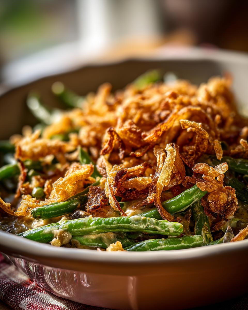 Close-up of Thanksgiving Green Beans Recipe casserole topped with crispy fried onions.