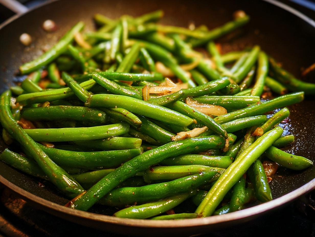 Thanksgiving Green Beans cooking in a skillet with sauteed onions, perfect for busy weeknights.