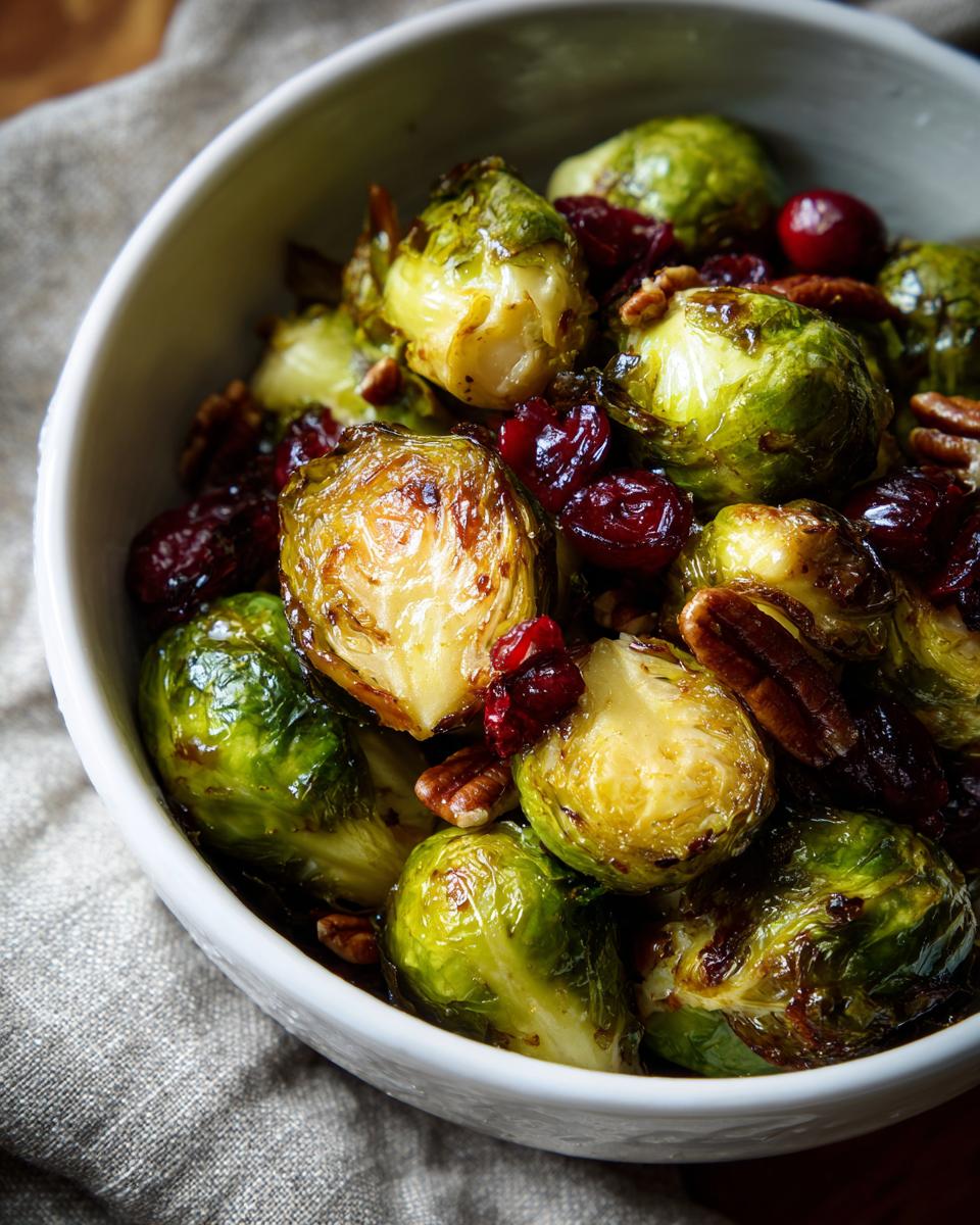 Bowl of crispy Brussels sprouts, cranberries, and pecans for a Best Thanksgiving Salad Recipes 2025: Crispy Outside, Juicy Inside.