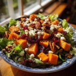 A vibrant Thanksgiving salad recipe featuring butternut squash, cranberries, pecans, and feta cheese on a bed of greens.