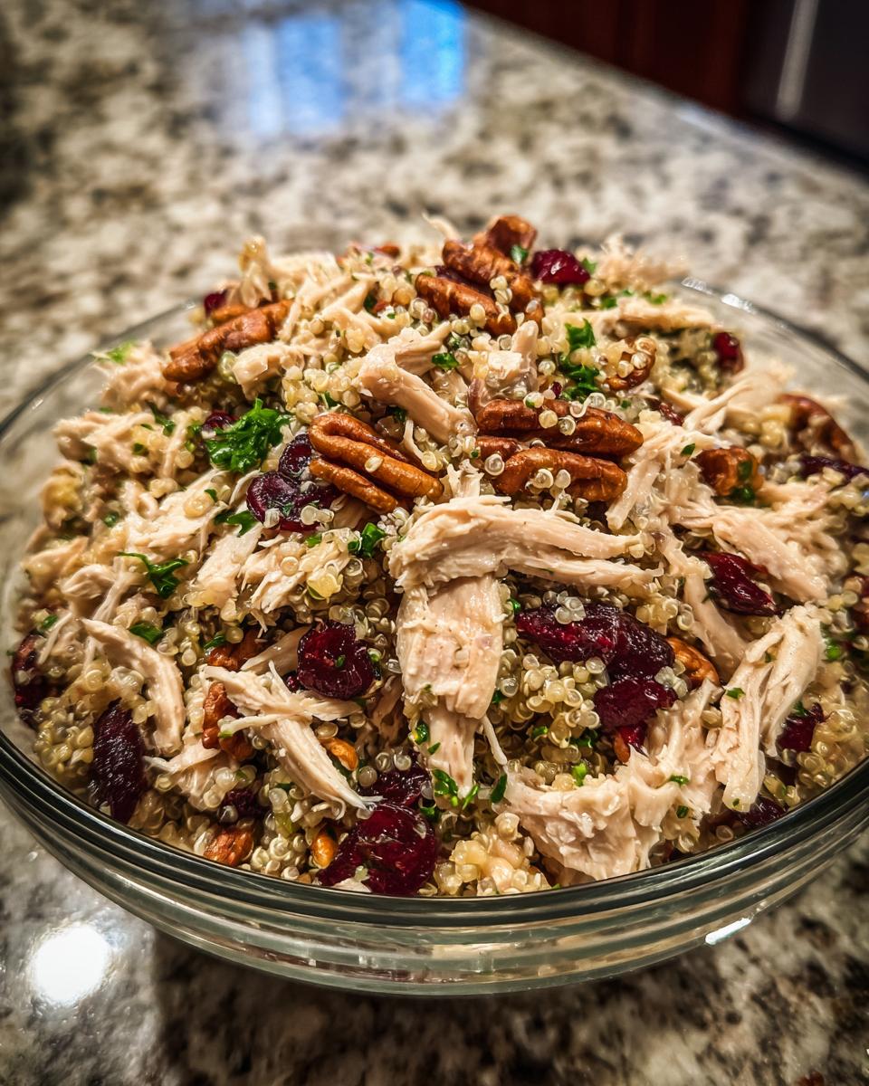 A Thanksgiving Salad Recipe featuring chicken, quinoa, cranberries, and pecans in a glass bowl.