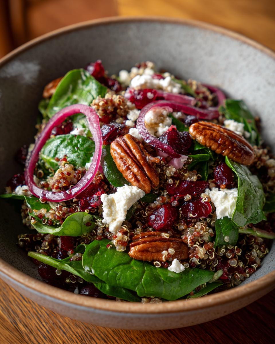 A vibrant Restaurant-Style Thanksgiving Salad featuring spinach, cranberries, pecans, quinoa, red onion, and feta cheese.