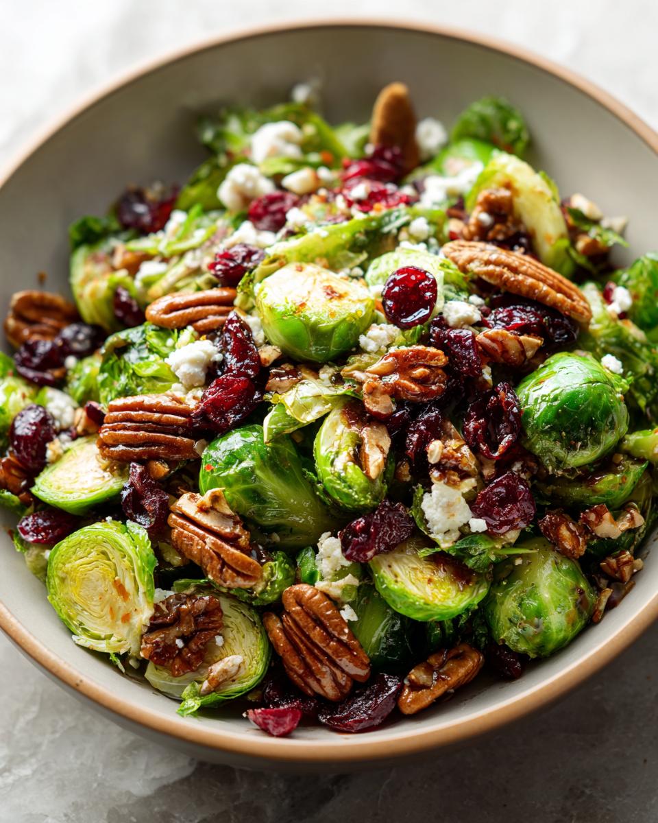 A vibrant Thanksgiving Salad Recipes Recipe Everyone Asks For, featuring brussel sprouts, cranberries, pecans, and cheese.