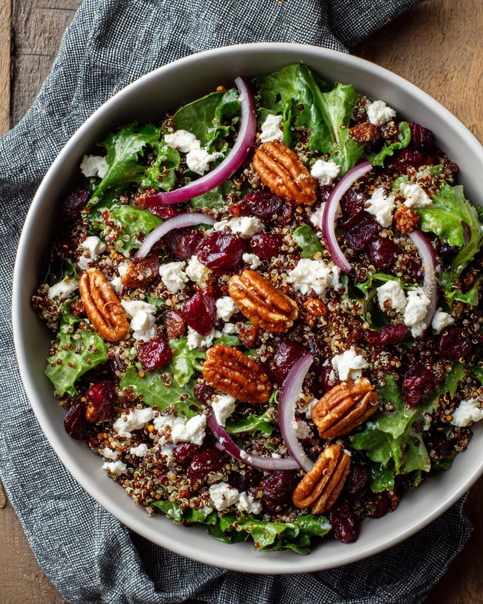 Overhead shot of a Restaurant-Style Thanksgiving Salad Recipe with pecans, cranberries, feta, and red onion.