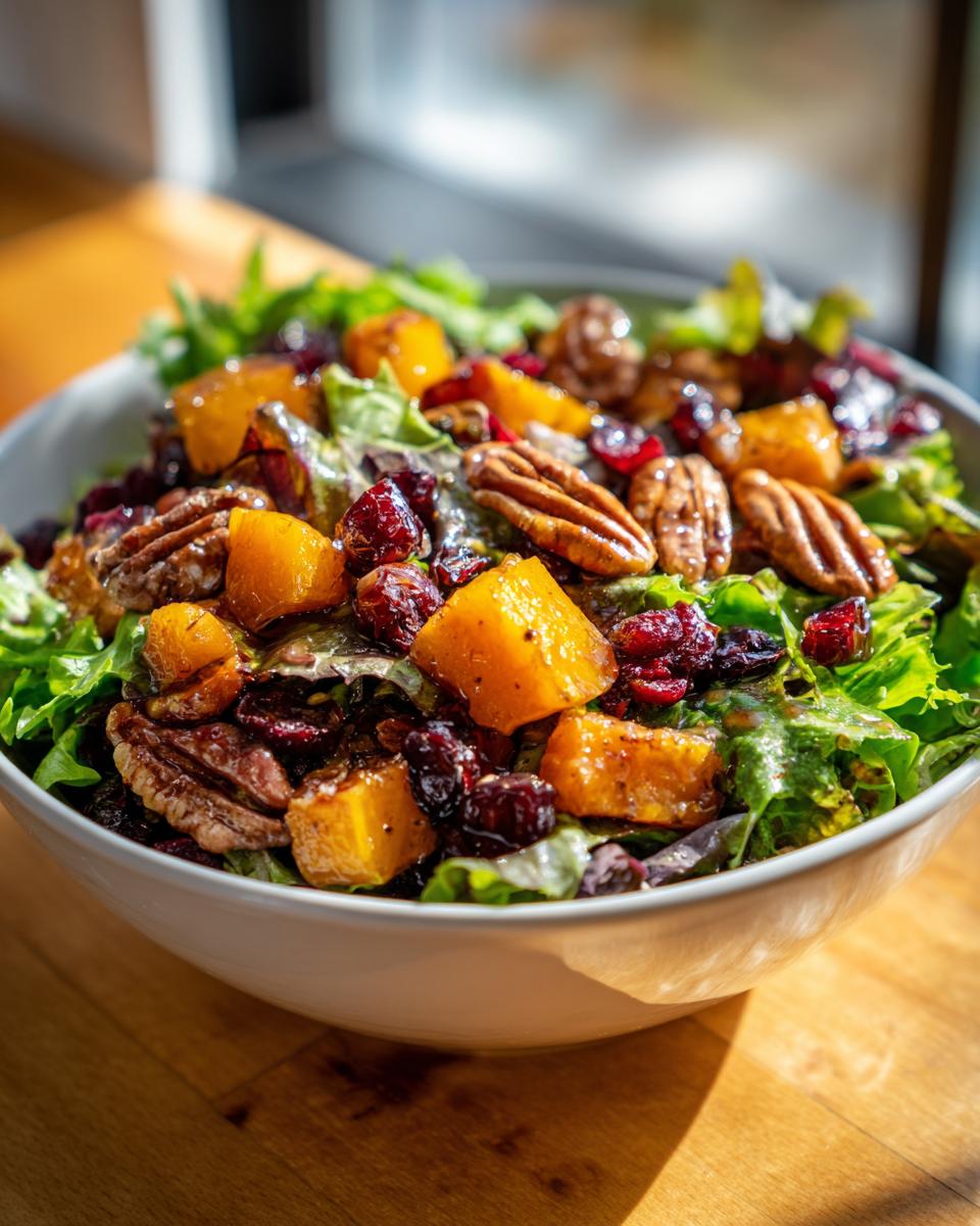A colorful Thanksgiving salad recipe with butternut squash, cranberries, pecans, and mixed greens in a white bowl.