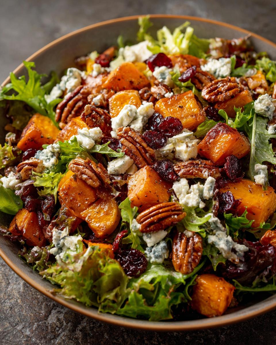Bowl of Thanksgiving Salad Recipe with butternut squash, pecans, cranberries, and blue cheese crumbles.