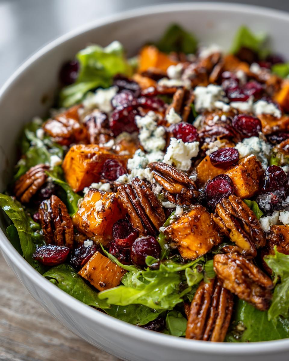 A vibrant Thanksgiving salad recipe featuring butternut squash, pecans, cranberries, and crumbled cheese on a bed of greens.