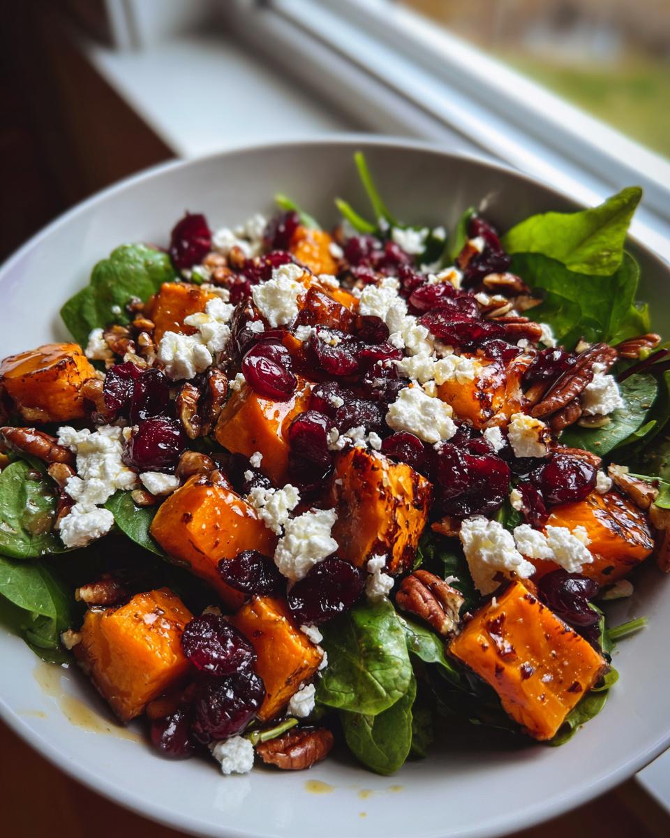A vibrant Thanksgiving Salad Recipe featuring roasted butternut squash, cranberries, feta, and pecans on a bed of spinach.