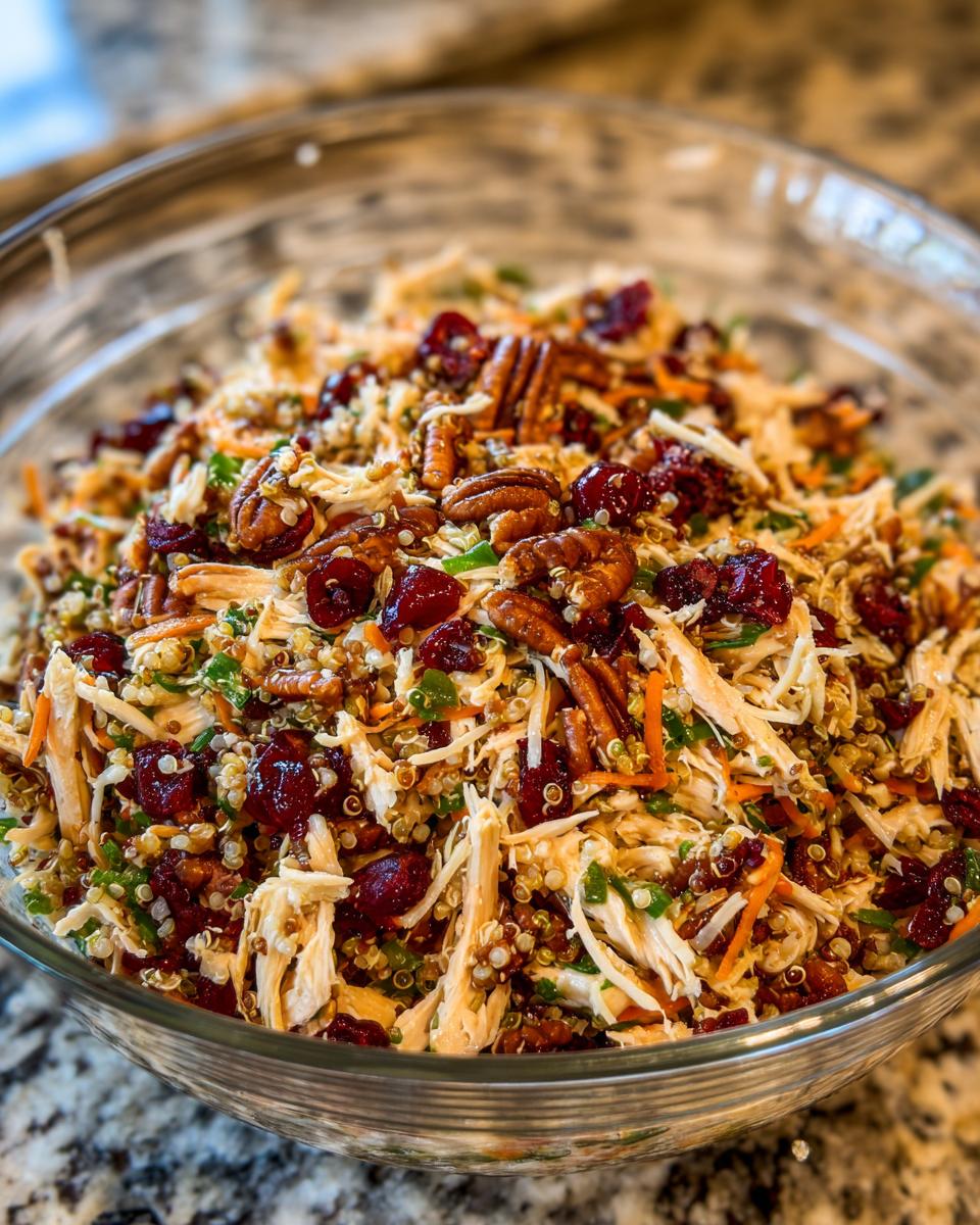A vibrant Thanksgiving Salad Recipe featuring chicken, cranberries, pecans, and quinoa in a glass bowl.