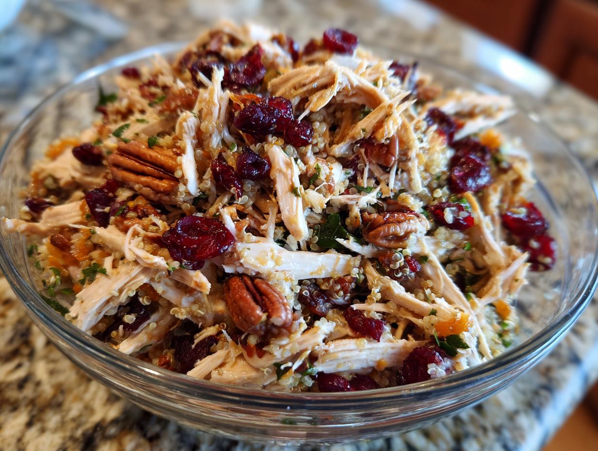 A Thanksgiving Salad Recipe featuring chicken, quinoa, cranberries, and pecans in a glass bowl.