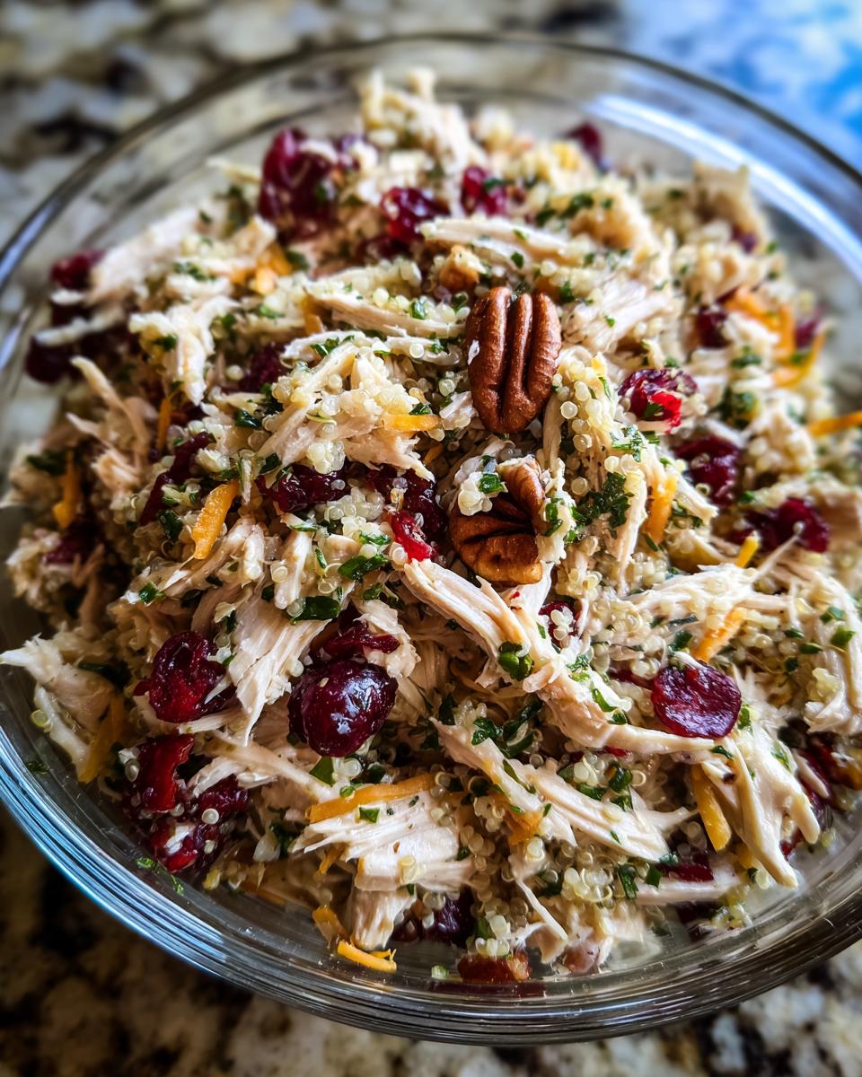 A Thanksgiving Salad Recipe featuring chicken, cranberries, pecans, and quinoa in a glass bowl.
