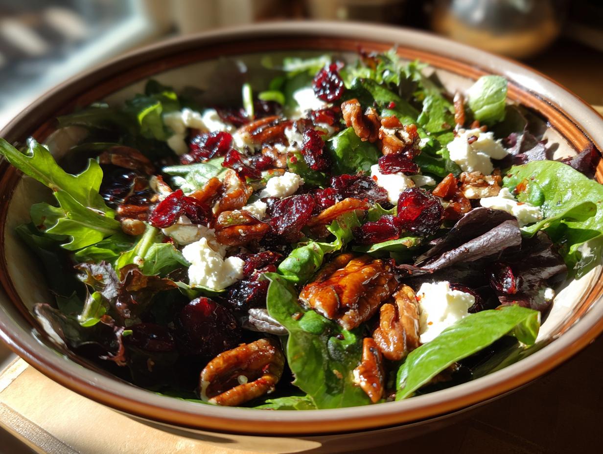Bowl of Thanksgiving Salad Recipe with mixed greens, cranberries, pecans, and goat cheese.