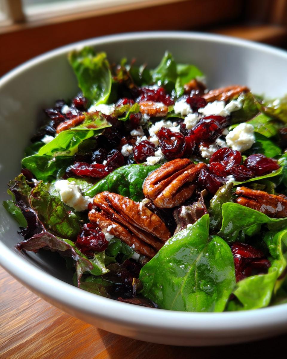 A fresh Thanksgiving Salad Recipe featuring mixed greens, pecans, cranberries, and feta cheese.