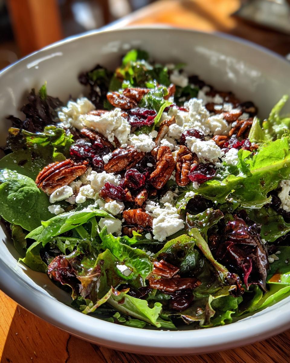 A vibrant Thanksgiving Salad Recipe featuring mixed greens, pecans, cranberries, and crumbled cheese in a white bowl.