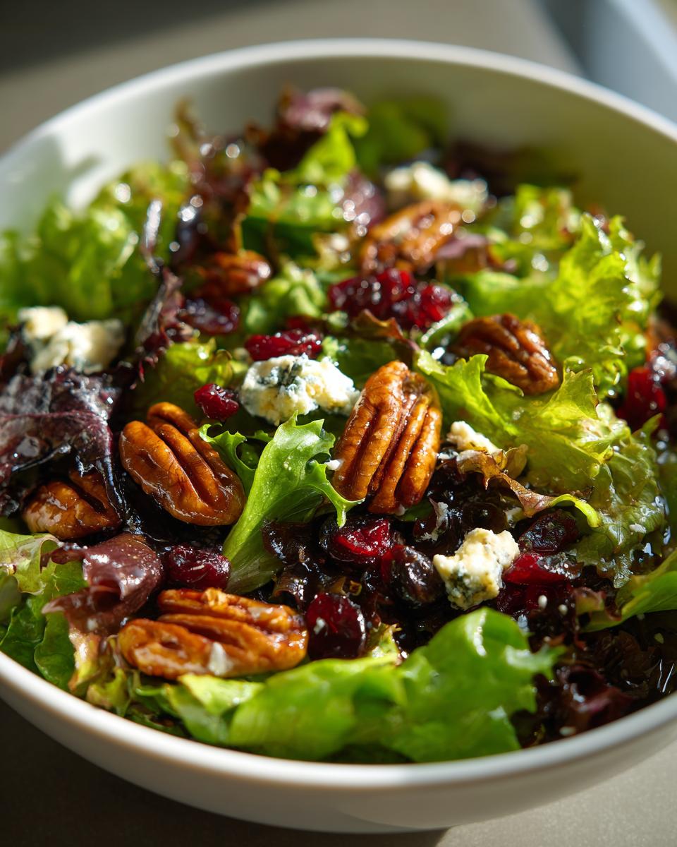 A vibrant Thanksgiving Salad Recipe featuring mixed greens, pecans, cranberries, and blue cheese in a white bowl.