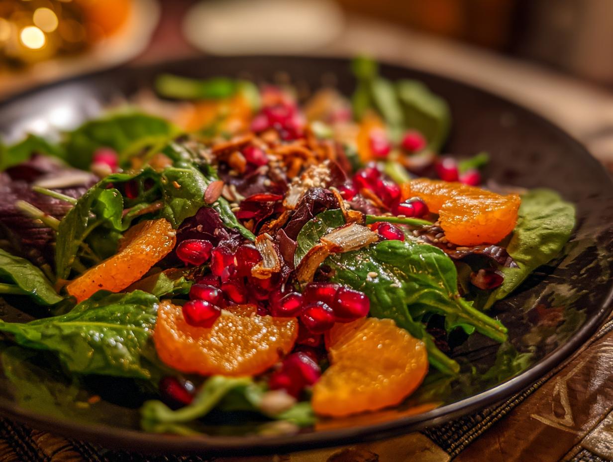 A vibrant 5-Ingredient Thanksgiving Salad Recipe featuring spinach, oranges, pomegranate seeds, and toasted nuts.