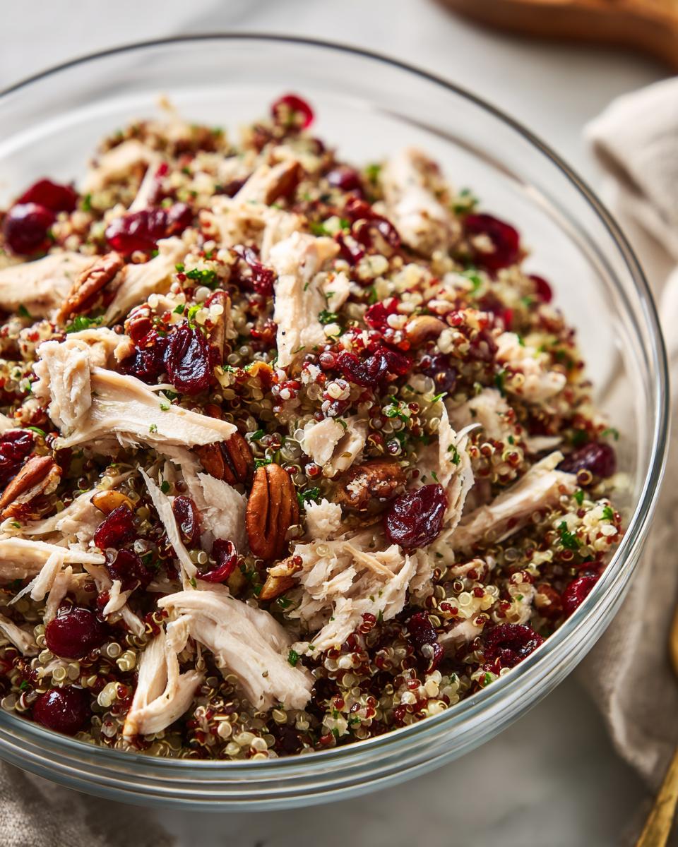 A Thanksgiving Salad Recipe featuring quinoa, shredded chicken, cranberries, and pecans in a glass bowl.